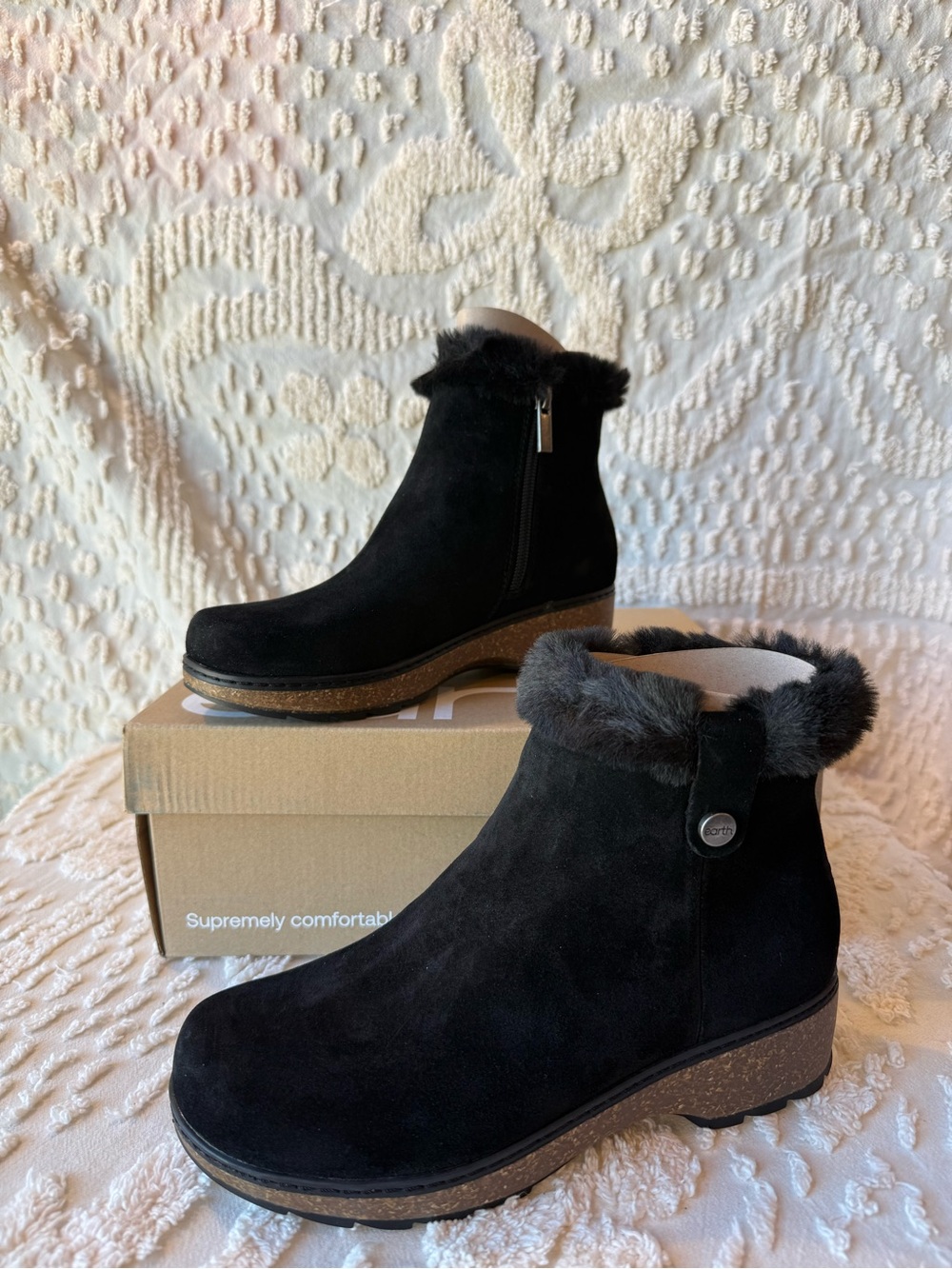 Earth Black Suede Fur-Trim Wedge Booties#701